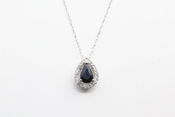 White Gold Sapphire with Diamond Halo Necklace